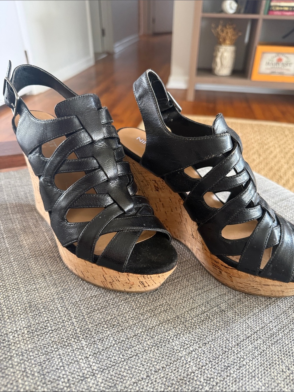 Women's Nine West Black Leather and Cork Wedge Sandals
